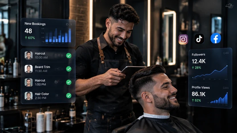 Barber checking a fully booked schedule on a tablet while cutting hair